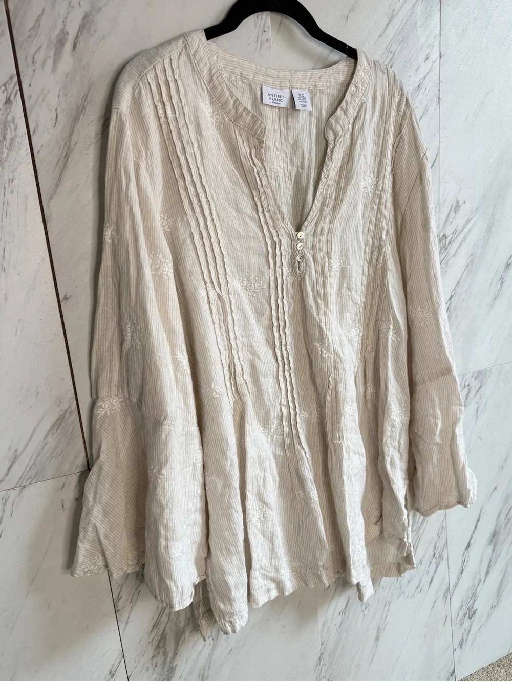 Antibes Blanc Cream Linen Embroidered Flare Sleeve Pintuck Tunic Plus Size 3X